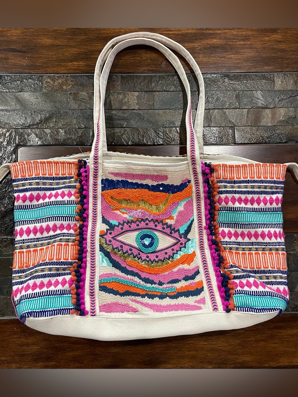America & Beyond Colorful Embroidered Eye Tote Bag - Multicolor